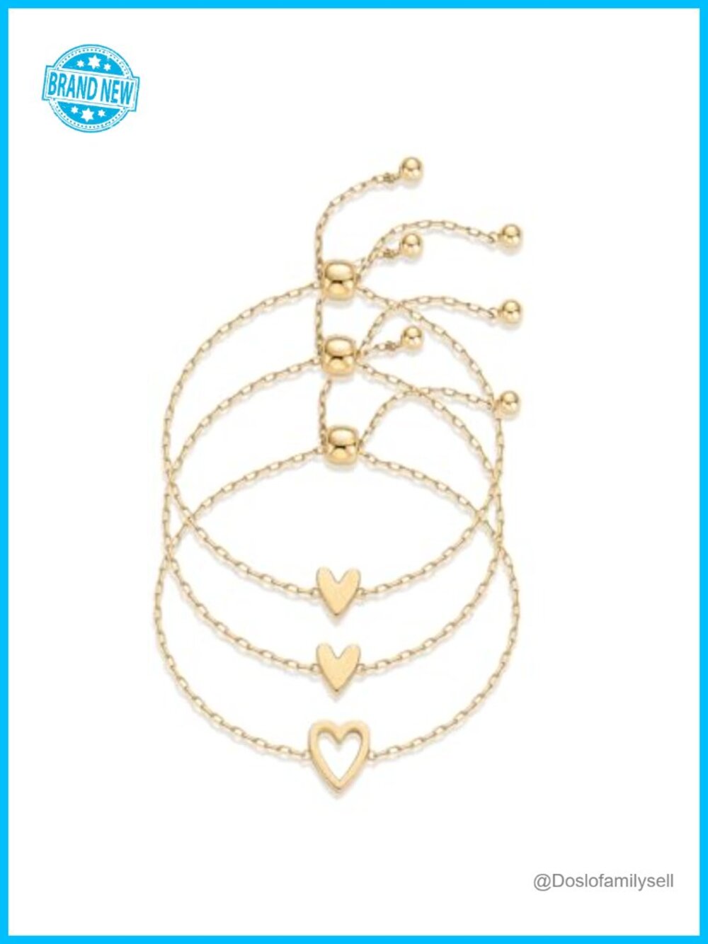 Gold Plated Heart Charms Solitaire Bracelet Set Adjustable Two Pack